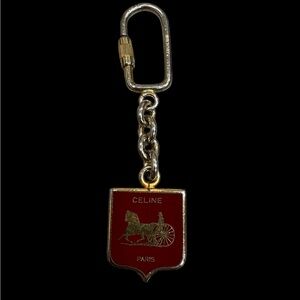 CELINE Vintage Red Enamel Horse & Carriage Keychain